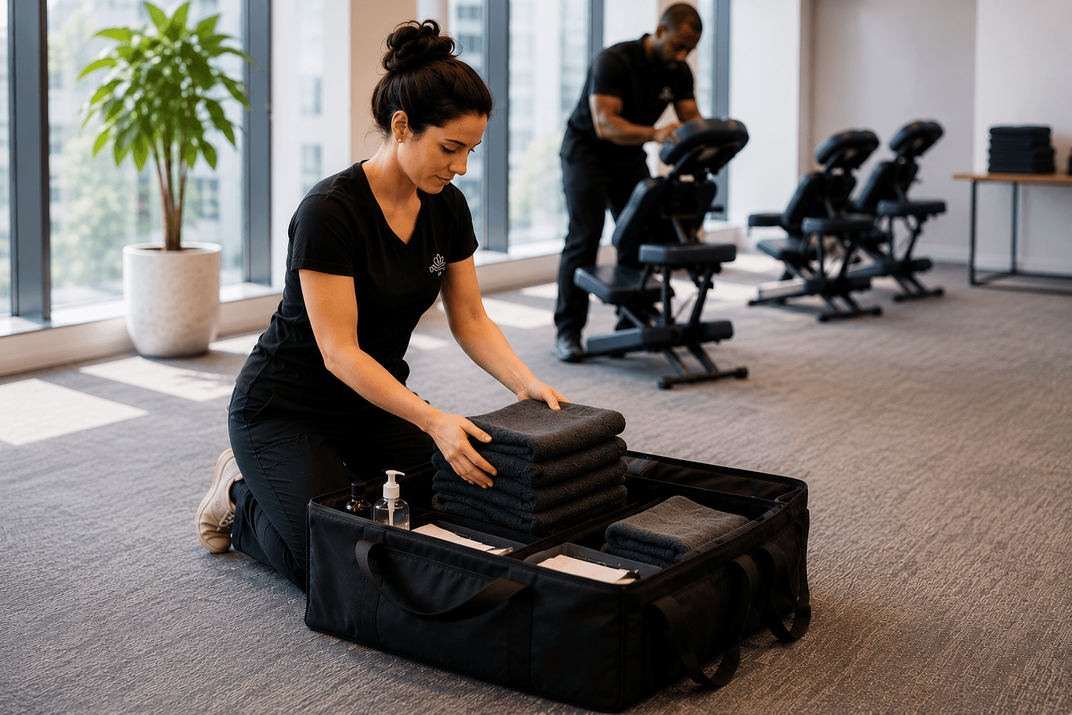 Wellness providers setting up massage chairs for a corporate workplace event