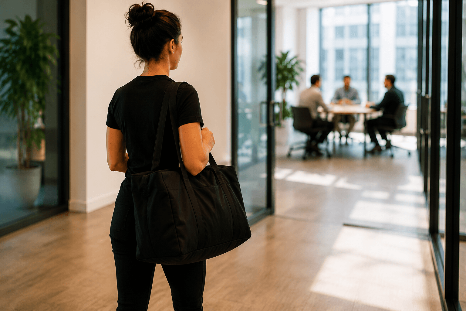 Wellness provider arriving at a corporate office to deliver an employee wellness event