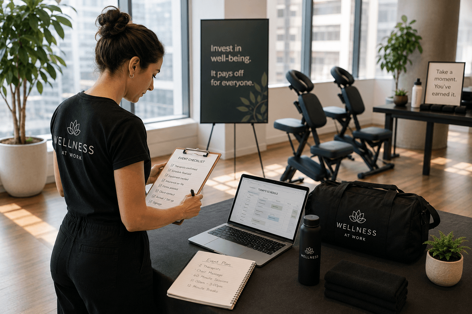 Wellness provider reviewing event checklist with massage chairs set up in a corporate office